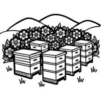 Beehives in blossoming field, honey production concept in natural landscape with mountains vector