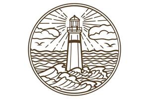 Lighthouse and waves illustration with sun and clouds in a circular frame vector