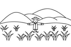 Scarecrow in fields simplistic line art of rural landscape and crop representation vector