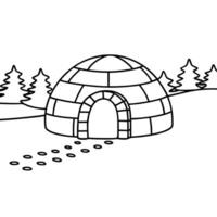 Igloo in snowy landscape with pine trees, simple line drawing for winter or arctic theme vector