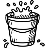 overflowing bucket illustration with splashing water in black and white line art vector