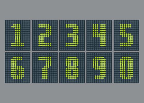 Set of green dot numbers for electronic scoreboard on white background