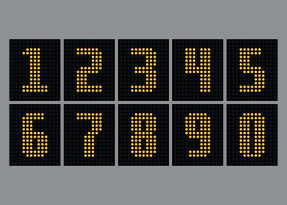 Set of yellow dot numbers for electronic scoreboard isolated on white background