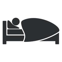 black and white icon of bed and person sleeping on it isolated on white background vector