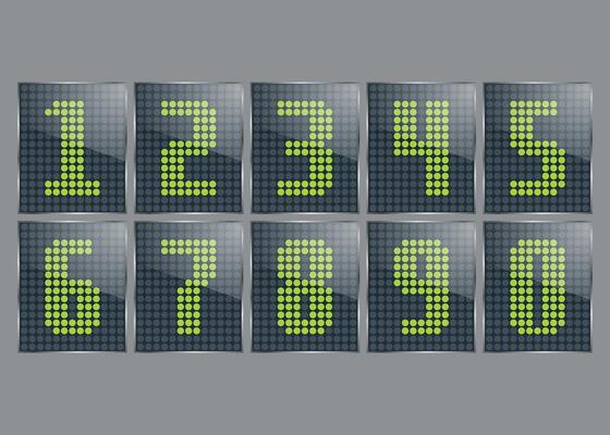 Set of green dot numbers for electronic scoreboard isolated on white background