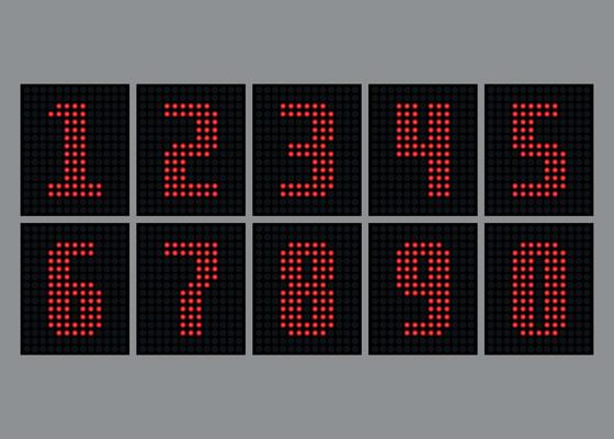 Set of red dot numbers for electronic scoreboard on white background