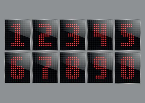 Set of red dot numbers for electronic scoreboard isolated on white background