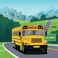 yellow school bus with city in the background vector