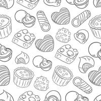 seamless gray pattern background of sweets cookies chocolates pastries and cupcakes on white background vector