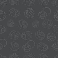 seamless white pattern background of sweets cookies chocolates pastries and cupcakes on a gray background vector