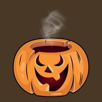 stylized colorful funny halloween pumpkin with a carved smile from which steam comes out on a brown background vector