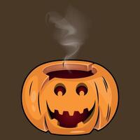 stylized colorful funny pumpkin with a carved smile from which steam comes out isolated on a dark background vector