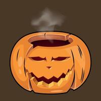 sinister halloween pumpkin with a carved smile from which steam comes out isolated on a dark background vector