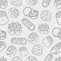 seamless gray pattern background of sweets cookies chocolate candies marmalade pastries and cupcakes on white background vector