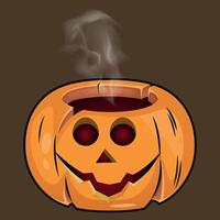 stylized colorful funny pumpkin with a carved smile from which steam comes out on a dark background vector