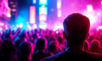 Vibrant Times Square concert scene with glowing neon billboards, a cheering crowd, and a dynamic band performing photo