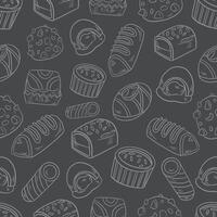 stylized seamless white pattern background of sweets cookies pastries on a gray background vector
