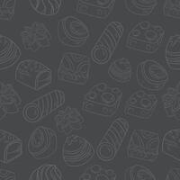stylized seamless white pattern of sweets cookies pastries and cupcakes on a gray background vector