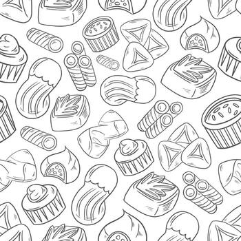 stylized seamless gray pattern background of sweets cookies and cupcakes on white background vector