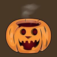 stylized colorful funny halloween pumpkin with a carved smile from which steam comes out isolated on a brown background vector
