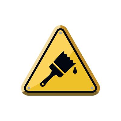 yellow triangle warning sign paint brush on white background