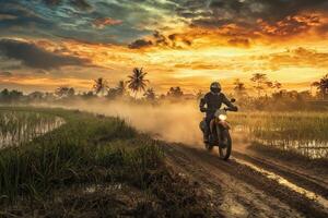 A motorcyclist navigates through muddy paths in rice fields during sunset. The vibrant sky casts dramatic colors, enhancing the adventurous atmosphere of the scene. Dust rises from the bikes tires. photo