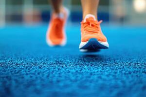 A close-up view of bright orange running shoes hitting a textured blue track surface. The focus highlights the runners motion and determination during an intense training session. photo