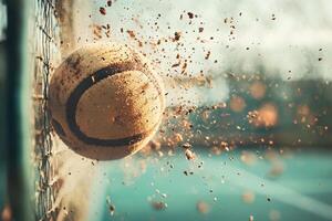 A yellow sports ball collides with a fence, sending dust and debris flying into the air. The setting is an outdoor sports facility with a blurred background reflecting late afternoon lighting. photo
