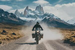 A motorcyclist rides through a dusty road surrounded by stunning mountain peaks and open terrain. The clear sky adds to the sense of adventure in this remote location. photo