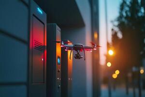 A drone hovers near a building entrance, illuminated by soft glows of surrounding lights. The setting sun casts a warm hue, adding to the modern urban atmosphere. photo