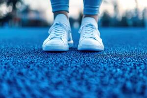 A person stands on a striking blue athletic track, wearing white sneakers. The vibrant color contrasts with the soft lighting of sunset, creating a serene and energetic atmosphere. photo
