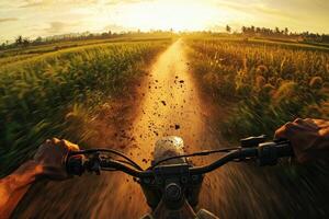 Two hands grip the dirt bike handlebars while speeding along a dirt path surrounded by green fields at sunset. Dust rises as the sun sets, creating a golden glow across the landscape. photo