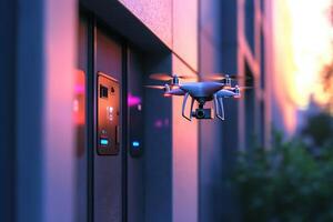 A drone is positioned just outside a modern building, capturing vibrant colors from a sunset. The scene highlights details of contemporary architecture alongside the hovering technology. photo