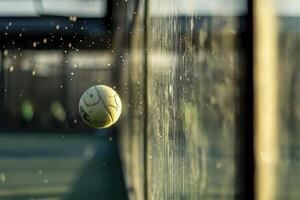A tennis ball is captured mid-flight as it strikes a glass wall, sending droplets of water or dust into the air. The warm glow of sunset creates a striking background, illuminating the scene. photo