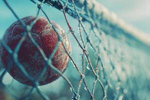 A close-up view of a red ball partially stuck in a goal net, glistening with droplets of water. The background features a clear blue sky with soft clouds, indicating a bright day. photo