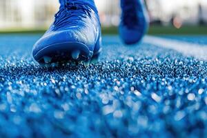 A close-up view of a blue soccer cleat pressing into bright blue artificial turf as a player runs during a training session. The setting is well-lit, showcasing the fields texture. photo