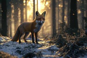 A red fox stands elegantly in a snowy forest, illuminated by soft morning sunlight filtering through the trees. The tranquil scene captures the foxs alertness amidst the wintry terrain. photo