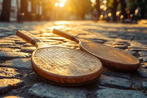 Two wooden rackets lie side by side on cobblestone pavement as the sun sets, casting a warm glow over the scene. The peaceful urban environment enhances the tranquil atmosphere. photo