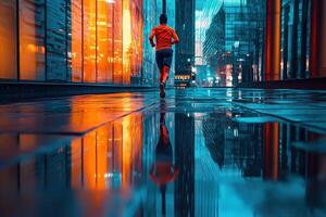 A person in an orange shirt runs through a cityscape at night, surrounded by tall buildings and glowing lights. Water on the ground creates colorful reflections, enhancing the dynamic atmosphere. photo