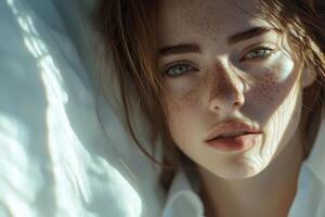 A young woman with striking freckles gazes softly at the viewer, illuminated by gentle light filtering through fabric. Her serene expression highlights her natural beauty and poise. photo