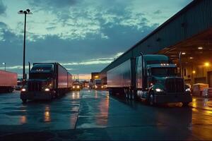 Several large trucks are parked and in motion within a busy logistics hub at dusk. The sky is cloudy, and the scene is illuminated by overhead lights reflecting off wet pavement. photo