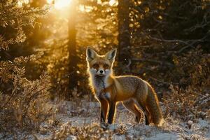 A red fox stands gracefully in a snowy landscape, surrounded by trees. The warm glow of the setting sun illuminates its fur, creating a serene atmosphere in the forest. photo