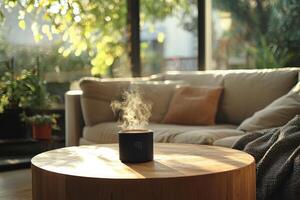 A steaming cup sits on a wooden table in a sunlit living room. The space features a comfortable sofa and plants, creating a peaceful and inviting atmosphere perfect for relaxation. photo