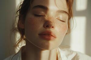 A young woman with striking freckles and a relaxed expression enjoys warm sunlight filtering through a window. Her peaceful demeanor captures a moment of tranquility and beauty. photo