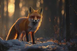 A striking fox with vibrant orange fur stands in a wintery landscape, illuminated by soft sunlight filtering through trees. The setting is tranquil and enchanting at dusk. photo