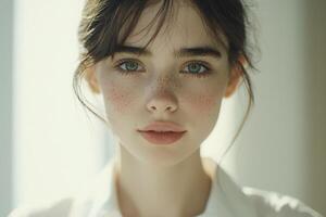 A young woman with striking green eyes and freckles gazes directly at the viewer. Soft natural light illuminates her face, creating a serene atmosphere. photo
