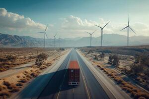 A large truck moves steadily down a long highway, with numerous wind turbines lining both sides. Majestic mountains rise in the background under a clear sky, suggesting a serene environment. photo
