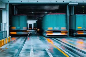 A busy loading dock features multiple trucks moving in and out, creating a dynamic atmosphere. The setting showcases industrial architecture and wet pavement, reflecting recent rain. photo