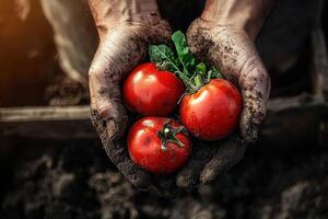 Hands covered in soil carefully grasp three ripe red tomatoes, showcasing a successful harvest. The warm sunlight highlights the freshness of the produce, emphasizing the connection to nature. photo