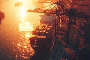 A cargo ship laden with containers moves through a busy port at sunset. The golden light reflects off the water, highlighting the unloading cranes and containers stacked along the docks. photo